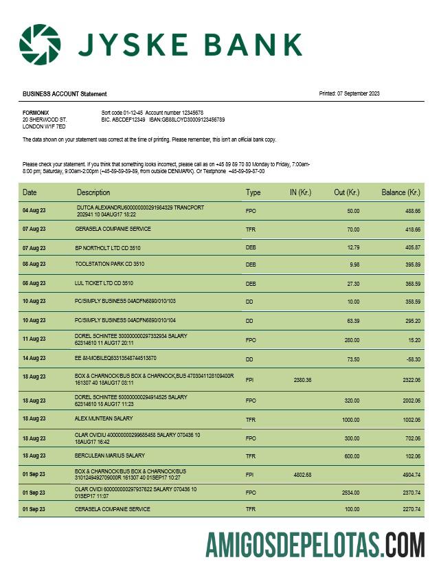 Baixável Jyske Bank Business Statement modelo Word e PDF